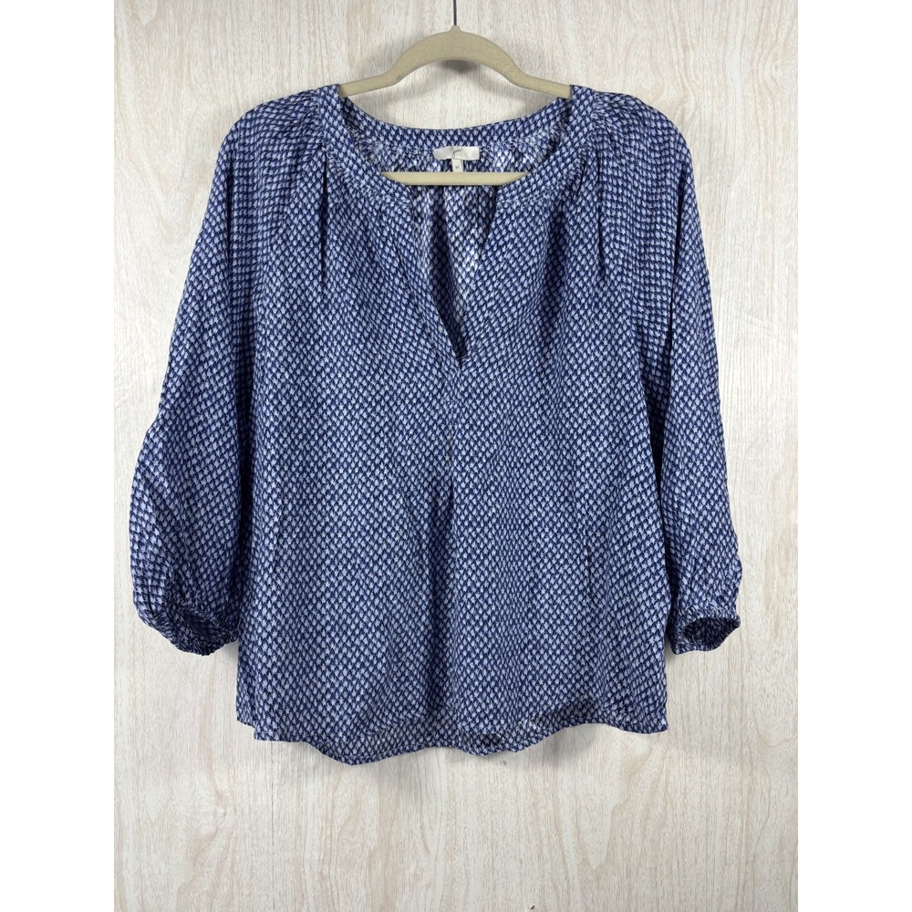Joie 100% Silk Blouse M Blue Geometric Print Peasant Boho Luxury Top - Picture 2 of 7